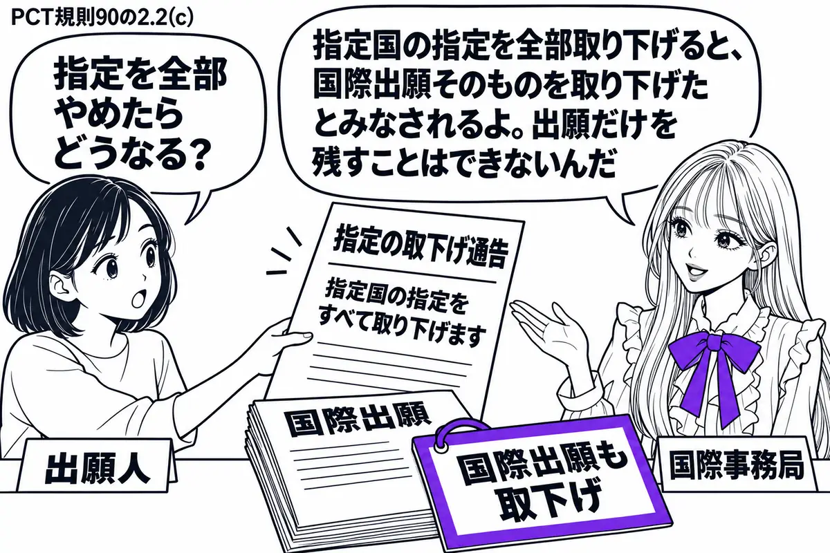 先生が右の受付で国際事務局役（札「国際事務局」）。左の女性（札「出願人」）が指定の取下げ通告を差し出す。中央の通告には指定国すべてを取り下げる旨が記され、その横の国際出願書類に付けた「国際出願も取下げ」の札をヴァイオレットの枠で囲む。先生の