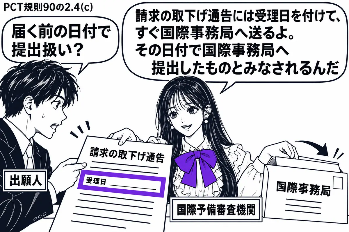 先生が中央の受付で国際予備審査機関役（札「国際予備審査機関」）。左の男性（札「出願人」）から請求の取下げ通告を受け取り、右の送付用封筒へ移している。封筒の宛先は国際事務局。通告の受理日欄だけをヴァイオレットの枠で囲む。先生の吹き出し「請求の
