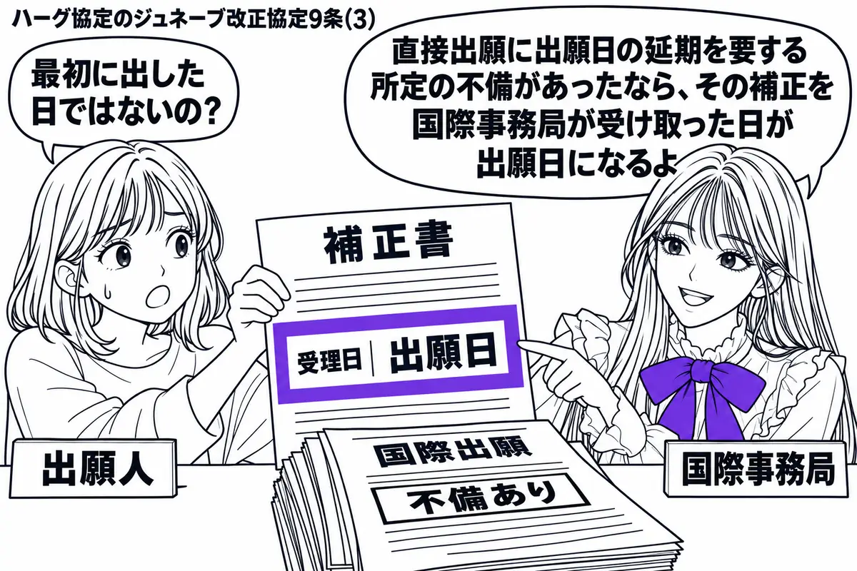 先生が右の受付で国際事務局役（札「国際事務局」）。左の女性（札「出願人」）が意匠の国際出願の補正書を差し出す。机には直接提出された不備のある出願書類。補正書の受理日欄に「出願日」と添え、ヴァイオレットの枠で囲む。先生の吹き出し「直接出願に出