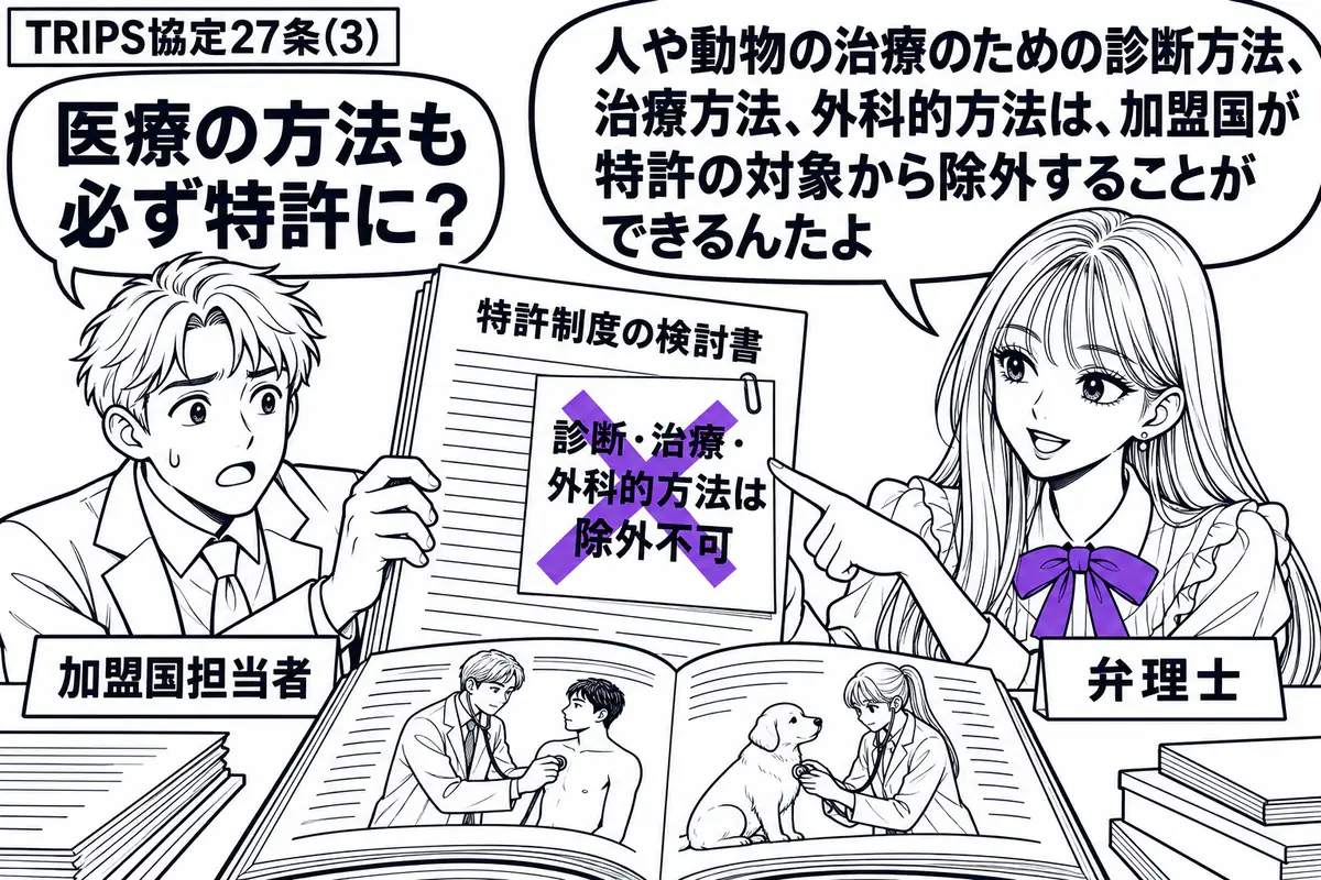 先生が右側の机にいる弁理士役(札「弁理士」)。左の男性(札「加盟国担当者」)が特許制度の検討書を持つ。机には人と動物の診療場面を描いた方法の説明書。検討書の「診断・治療・外科的方法は除外不可」という付箋に大きなヴァイオレットの×印を付け、先