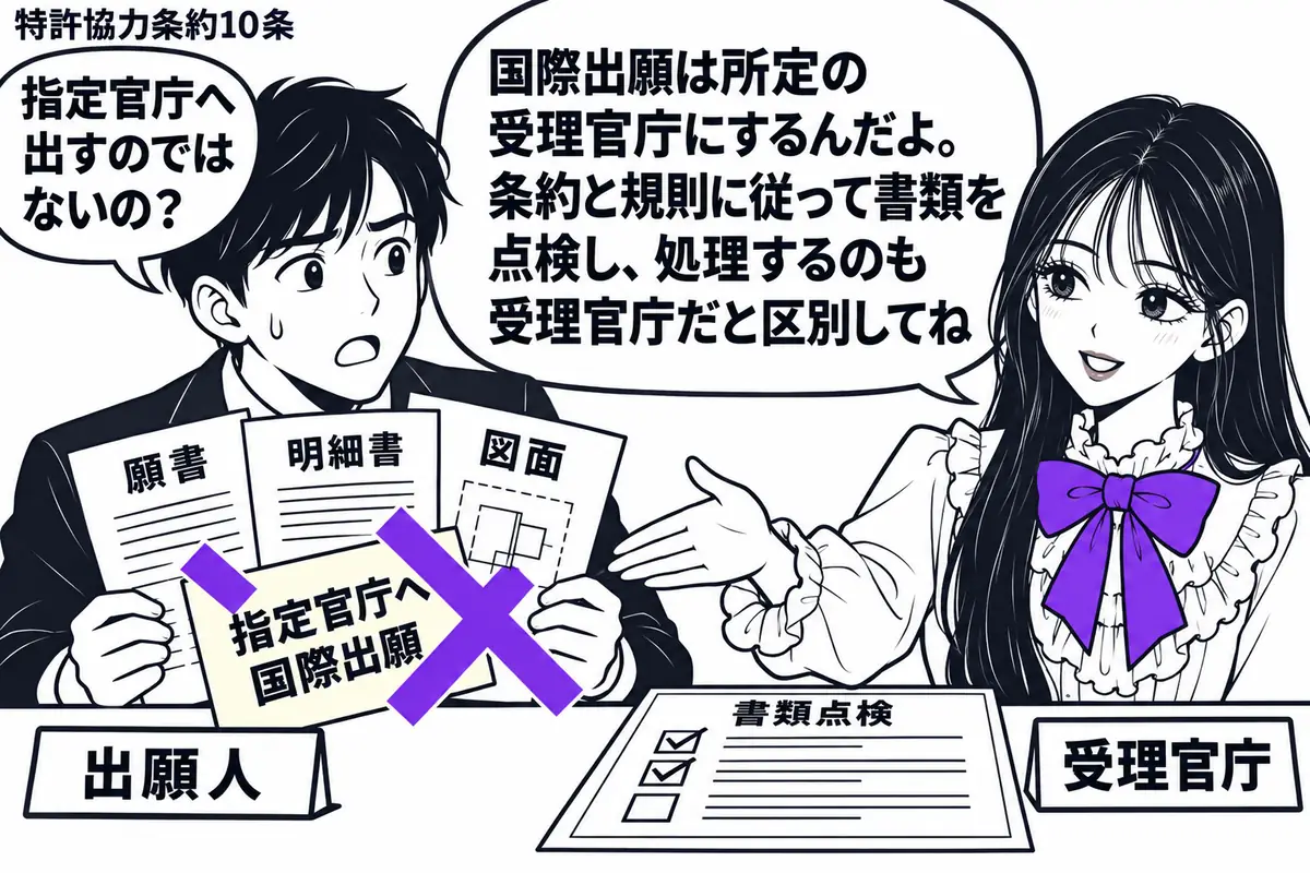 先生が受理官庁の担当者役(札「受理官庁」)で右の窓口。左に国際出願の願書、明細書、図面を抱える男性(札「出願人」)。先生は書類を受け取る手を伸ばし、男性が持つ付箋「指定官庁へ国際出願」に大きなヴァイオレットの×印。机には書類の点検用の一覧表