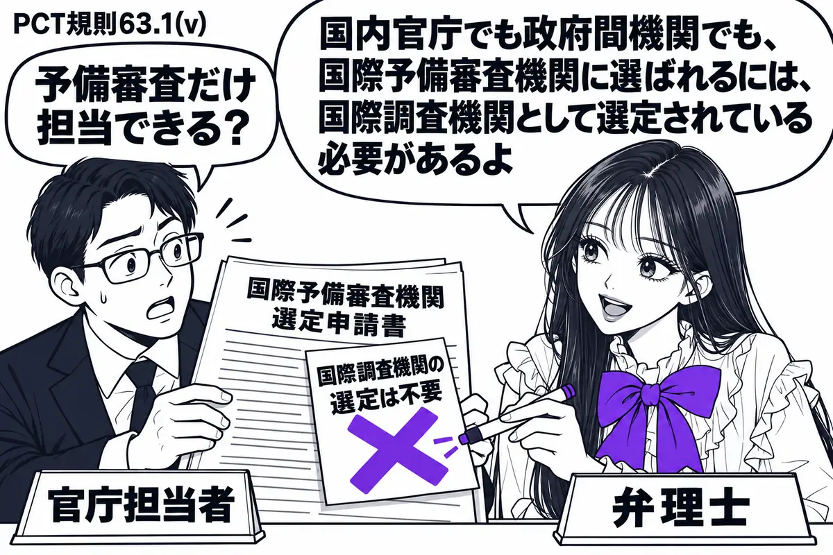 先生が右の相談机で弁理士役(札「弁理士」)。左の男性(札「官庁担当者」)が国際予備審査機関への選定申請書を広げる。申請書に貼った「国際調査機関の選定は不要」という付箋へ、先生が大きなヴァイオレットの×印を付ける。先生の吹き出し「国内官庁でも