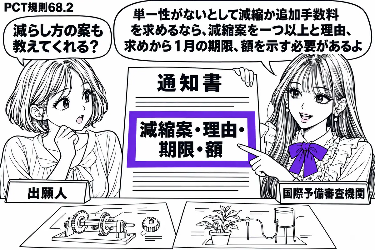 先生が机の右に立つ役（札「国際予備審査機関」）。左に女性（札「出願人」）、机に異なる発明の図面が二枚。先生は減縮又は追加手数料を求める通知書を示し、記載欄「減縮案・理由・期限・額」をヴァイオレットの枠で囲む。先生の吹き出し「単一性がないとし
