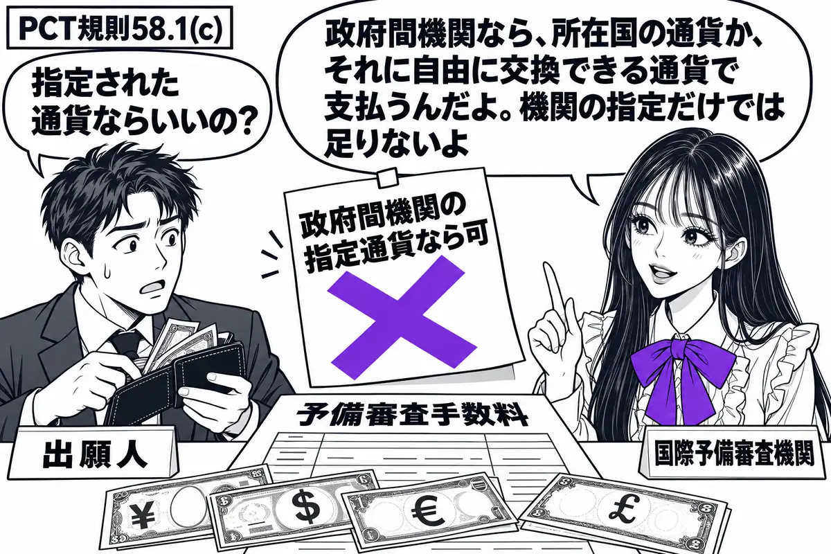 先生が右の窓口役（札「国際予備審査機関」）。机に予備審査手数料の支払書と通貨の異なる紙幣を置き、左の男性（札「出願人」）が財布を開く。支払書の付箋「政府間機関の指定通貨なら可」に大きなヴァイオレットの×印。先生の吹き出し「政府間機関なら、所