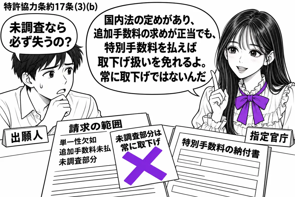 先生が窓口の右に座る役(札「指定官庁」)。左に男性(札「出願人」)、机に単一性欠如による追加手数料の未払で調査されなかった請求の範囲と特別手数料の納付書。書類の付箋「未調査部分は常に取下げ」にヴァイオレットの×印。先生の吹き出し「国内法の定