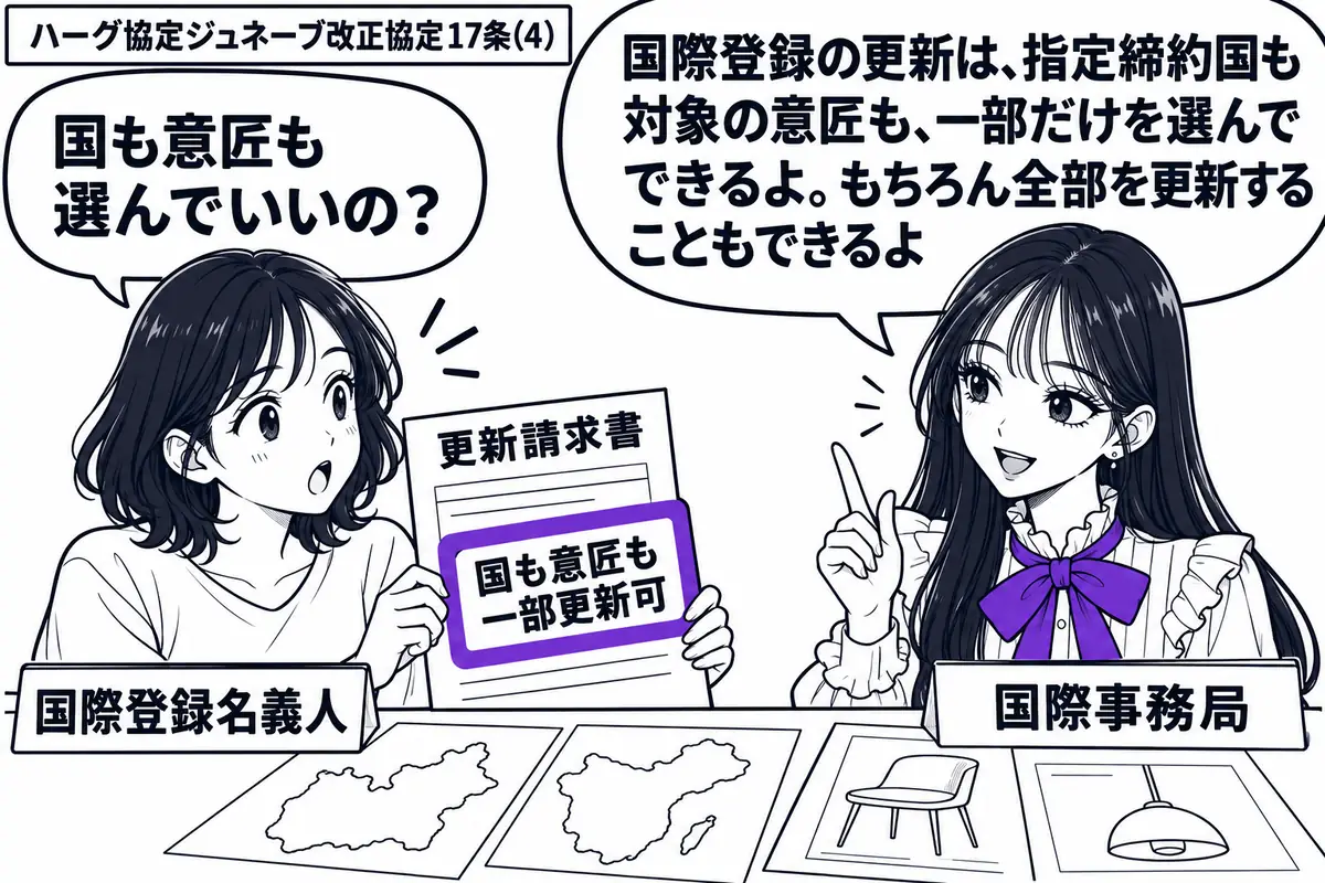 先生が右の受付役（札「国際事務局」）。左の女性（札「国際登録名義人」）が更新請求書を持ち、机に二つの国を表す無地の地図と椅子・照明の意匠図面。請求書の付箋「国も意匠も一部更新可」をヴァイオレットの枠で囲む。先生の吹き出し「国際登録の更新は、
