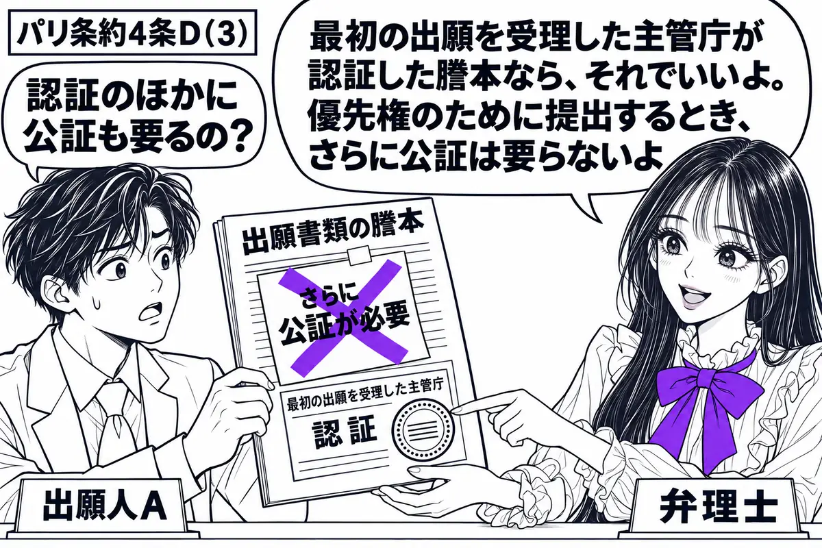 先生が右の相談窓口にいる弁理士役(札「弁理士」)。左の出願人(札「出願人A」)が、最初の出願を受理した主管庁の認証印がある出願書類の謄本を持つ。謄本に貼った付箋「さらに公証が必要」に大きなヴァイオレットの×印。先生は認証印を示して受け取ろう