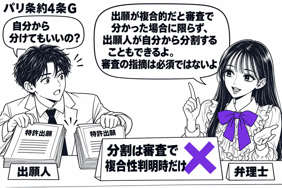先生が右で相談を受ける役(札「弁理士」)。左の男性(札「出願人」)が一束の特許出願書類を二束に分けようとしている。机の付箋「分割は審査で複合性判明時だけ」にヴァイオレットの×印。先生の吹き出し「出願が複合的だと審査で分かった場合に限らず、出
