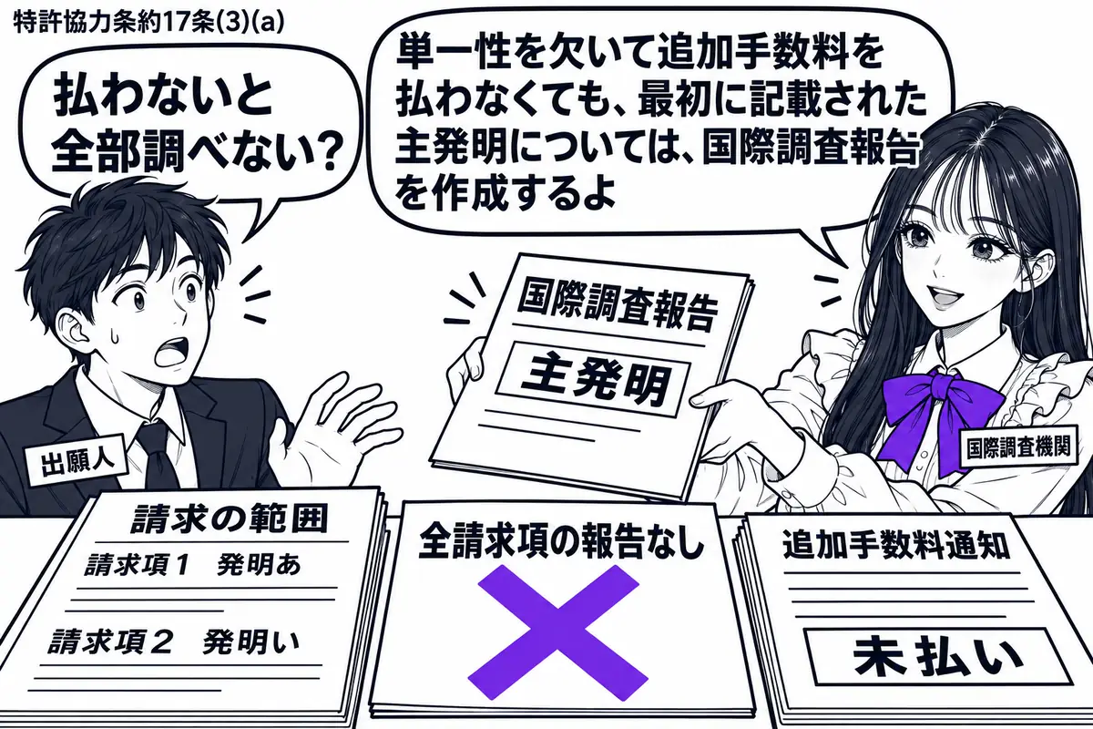 先生が国際調査機関役(札「国際調査機関」)で右に立つ。左に男性(札「出願人」)、机に別々の発明を記した請求の範囲と未払いの追加手数料通知。「全請求項の報告なし」の付箋にヴァイオレットの×印を付け、主発明の調査報告を手渡す。先生の吹き出し「単