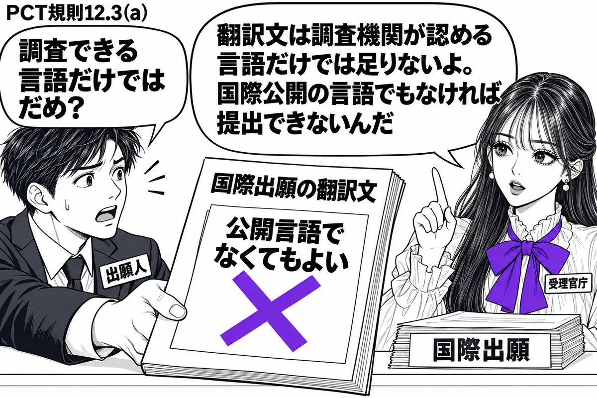 先生が窓口の右側で受理官庁役（札「受理官庁」）。左の男性（札「出願人」）が国際出願の翻訳文を差し出し、表紙の付箋「公開言語でなくてもよい」に大きなヴァイオレットの×印。机には元の国際出願書類を重ねて置く。先生の吹き出し「翻訳文は調査機関が認