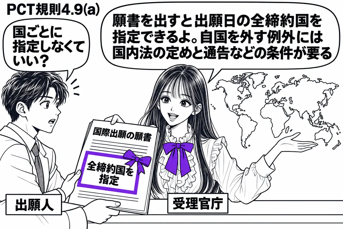 先生が中央の窓口で受理官庁役（札「受理官庁」）。左の男性（札「出願人」）から国際出願の願書を受け取り、背後の世界地図を手で示す。願書の付箋「全締約国を指定」をヴァイオレットの枠で囲み、地図には国名を書かない。先生の吹き出し「願書を出すと出願