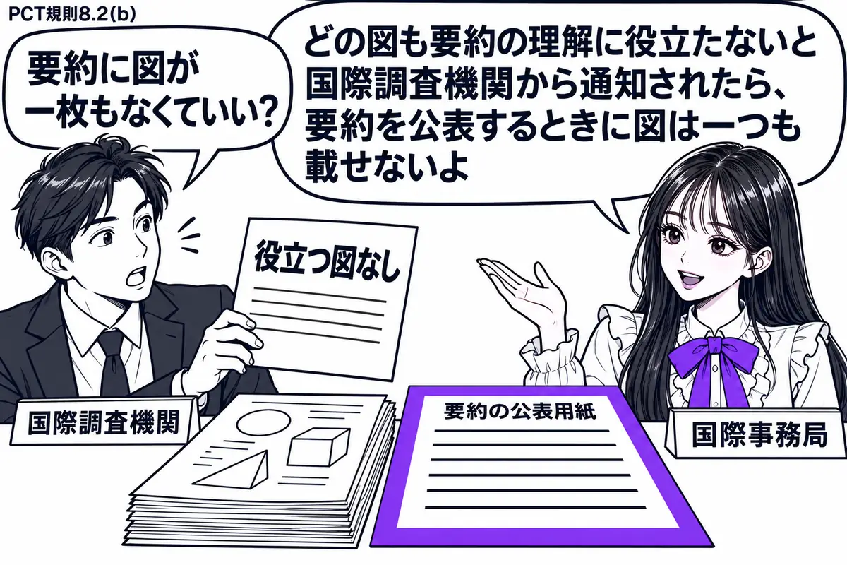 先生が国際事務局役（札「国際事務局」）で右の机に座る。左の男性（札「国際調査機関」）が「役立つ図なし」と書かれた通知書を差し出す。机には図面の束と、本文だけを組んだ要約の公表用紙を並べ、公表用紙をヴァイオレットの枠で囲む。先生の吹き出し「ど