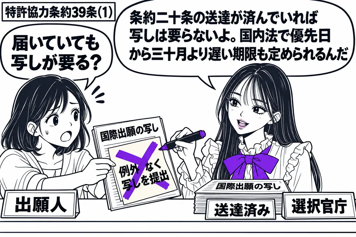 先生が右の窓口で選択官庁役(札「選択官庁」)。左の女性(札「出願人」)が国際出願の写しを差し出す。窓口には同じ写しが既に届いており、女性の書類の付箋「例外なく写しを提出」にヴァイオレットの×印を付ける。先生の吹き出し「条約二十条の送達が済ん