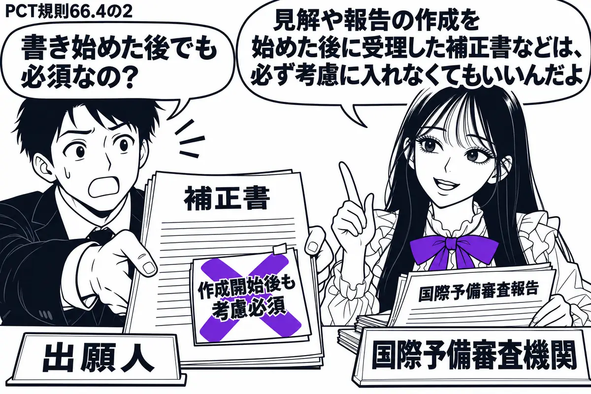 先生が右の机で国際予備審査機関役（札「国際予備審査機関」）。作成途中の「国際予備審査報告」を前に、左の男性（札「出願人」）が補正書を差し出す。補正書の付箋「作成開始後も考慮必須」に大きなヴァイオレットの×印。先生の吹き出し「見解や報告の作成