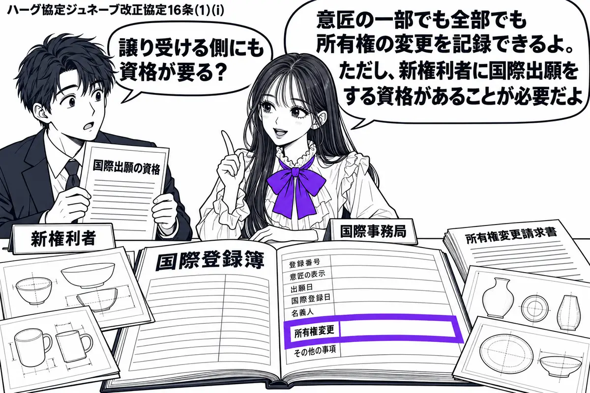 先生が国際事務局役（札「国際事務局」）で右の机に座る。左に資格を示す書類を持つ男性（札「新権利者」）。机には複数の意匠図面と所有権変更の請求書を置き、開いた国際登録簿の「所有権変更」の欄をヴァイオレットの枠で囲む。先生の吹き出し「意匠の一部