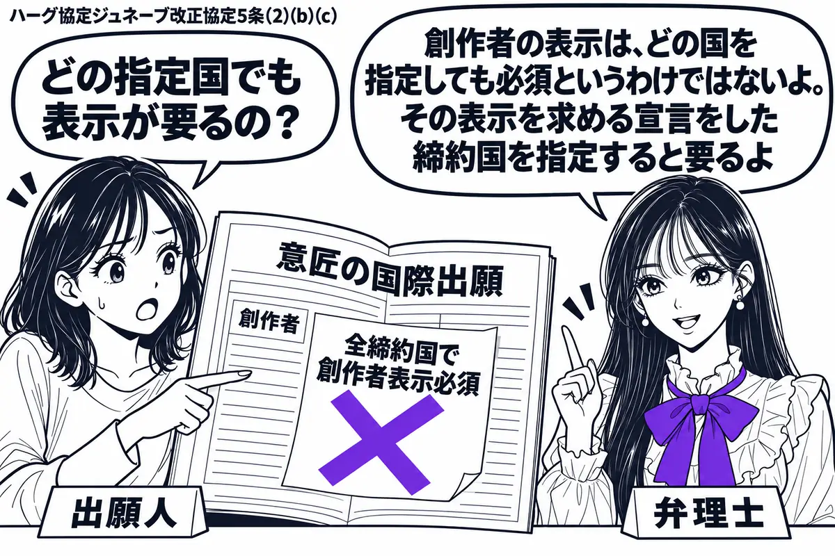 先生が右の机で弁理士役（札「弁理士」）。左の女性（札「出願人」）が意匠の国際出願書類を開き、創作者欄を指す。その欄の付箋「全締約国で創作者表示必須」にヴァイオレットの×印。先生の吹き出し「創作者の表示は、どの国を指定しても必須というわけでは
