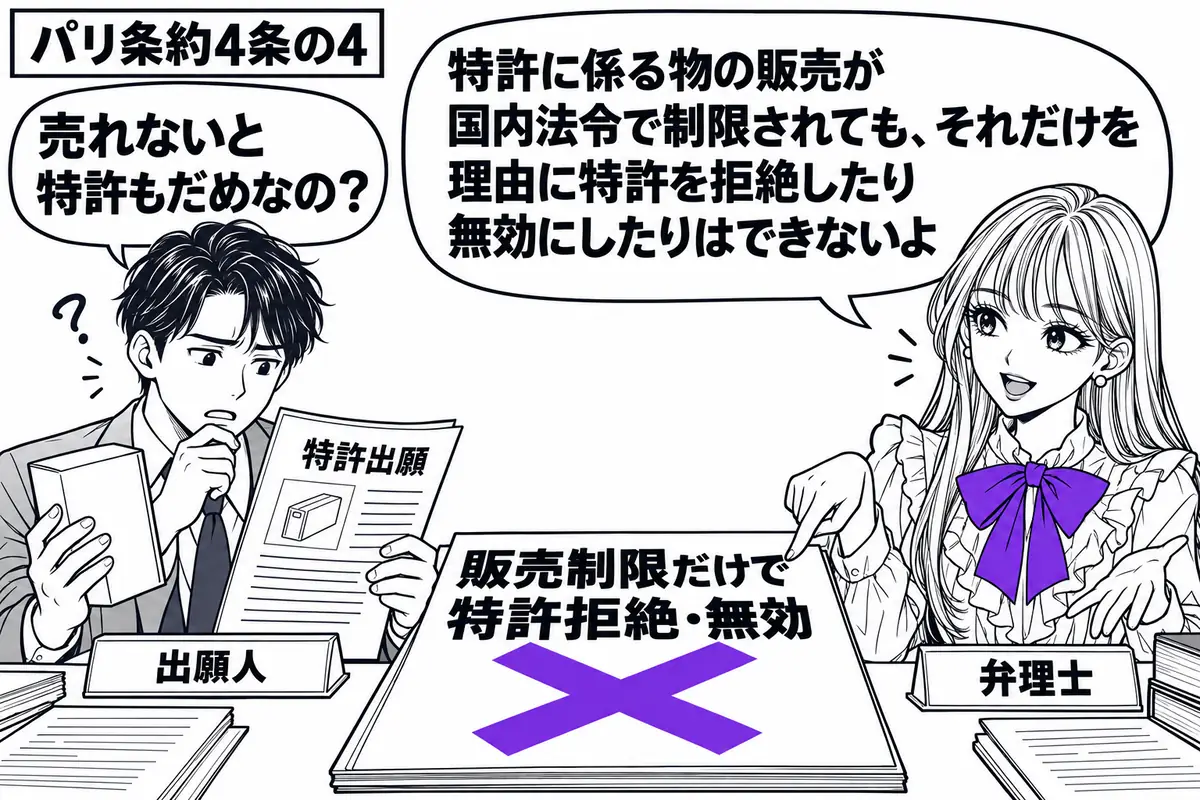 先生が右の相談机にいる弁理士役(札「弁理士」)。左に発明品の箱と特許出願の願書を抱えた男性(札「出願人」)。机の上の「販売制限だけで特許拒絶・無効」と書かれた付箋に、大きなヴァイオレットの×印。先生は付箋を指し、男性は願書を見直している。先