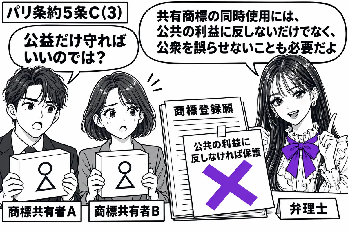 先生が右の相談机にいる弁理士役(札「弁理士」)。左に同じ図柄の商品箱を持つ二人(札「商標共有者A」「商標共有者B」)。机の商標登録願に「公共の利益に反しなければ保護」と書いた付箋を貼り、そこに大きなヴァイオレットの×印。先生の吹き出し「共有