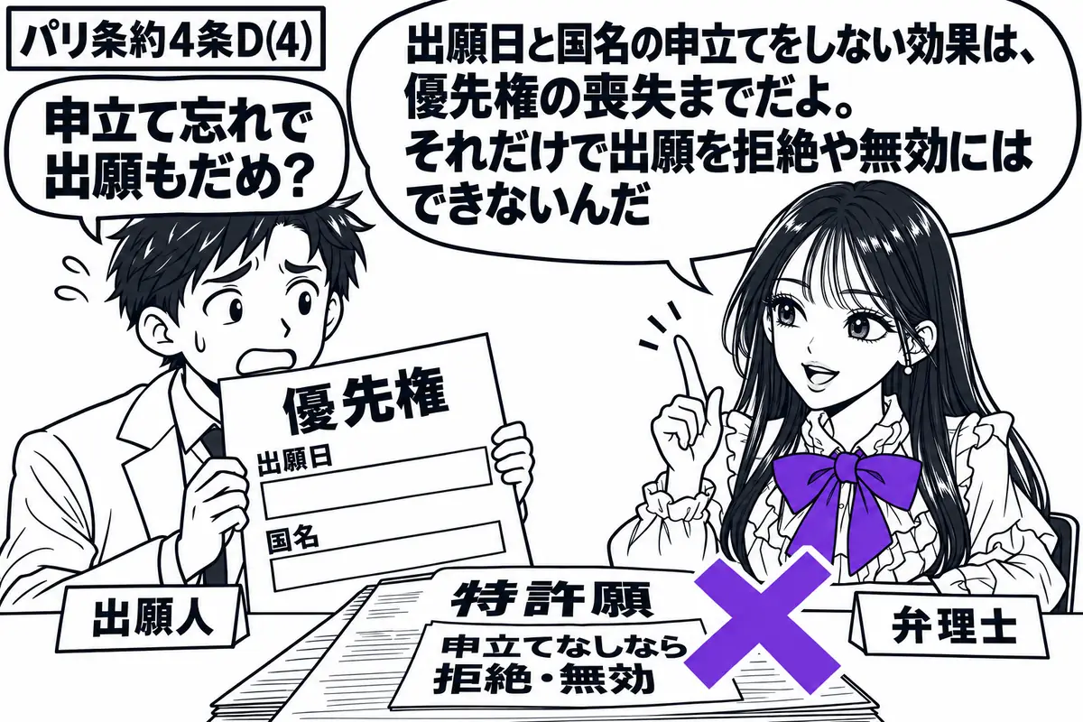先生が右の相談机に座る弁理士役(札「弁理士」)。左の男性(札「出願人」)が日付と国名の申立欄を空白にした優先権の書類を持つ。机の特許願に「申立てなしなら拒絶・無効」の付箋を置き、ヴァイオレットの×印を付ける。先生の吹き出し「出願日と国名の申