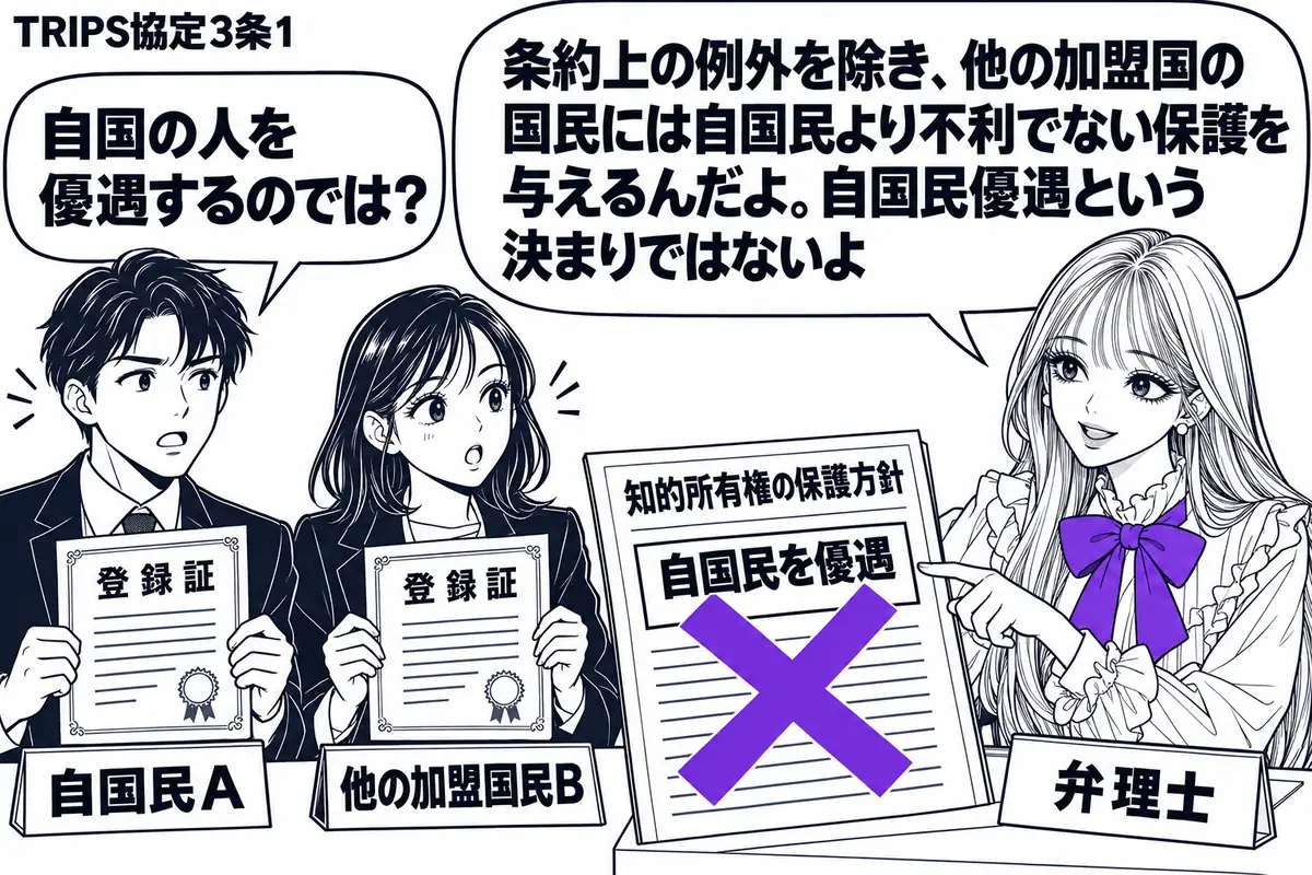 先生が右の相談机にいる弁理士役(札「弁理士」)。左に登録証を持つ二人(札「自国民A」「他の加盟国民B」)。机に置いた知的所有権の保護方針の書類に「自国民を優遇」と書いた付箋があり、ヴァイオレットの×印を付ける。先生の吹き出し「条約上の例外を