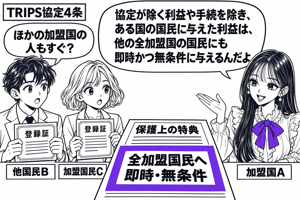 先生が右の窓口に立つ加盟国の担当者役(札「加盟国A」)。左に二人の申請者(札「他国民B」「加盟国民C」)が登録証を持って並ぶ。机の保護上の特典を記した書類に「全加盟国民へ即時・無条件」の付箋を貼り、ヴァイオレットの枠で囲む。先生の吹き出し「
