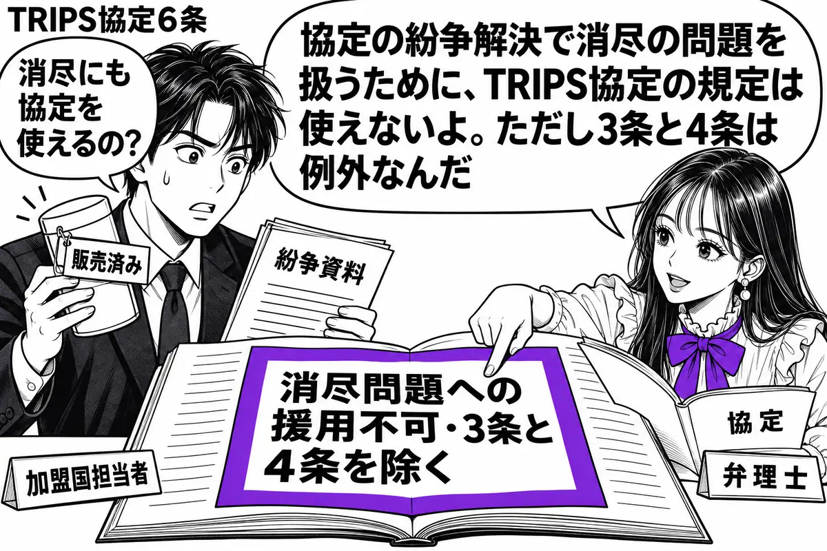 先生が右の相談机にいる弁理士役(札「弁理士」)。左に販売済みの製品と紛争資料を持つ男性(札「加盟国担当者」)。机の協定冊子に挟んだ「消尽問題への援用不可・3条と4条を除く」の付箋をヴァイオレットの枠で囲む。先生は冊子を開いて例外を示す。先生