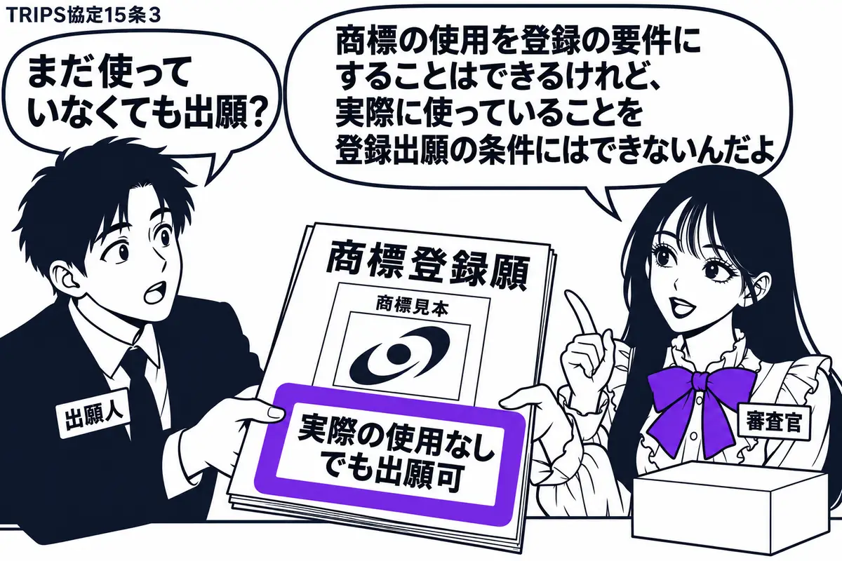 先生が右の受付に立つ審査官役(札「審査官」)。左の男性(札「出願人」)が未使用の商標見本を添えた商標登録願を差し出す。机の奥にはまだ値札のない商品箱。願書に貼った「実際の使用なしでも出願可」の付箋をヴァイオレットの枠で囲む。先生の吹き出し「