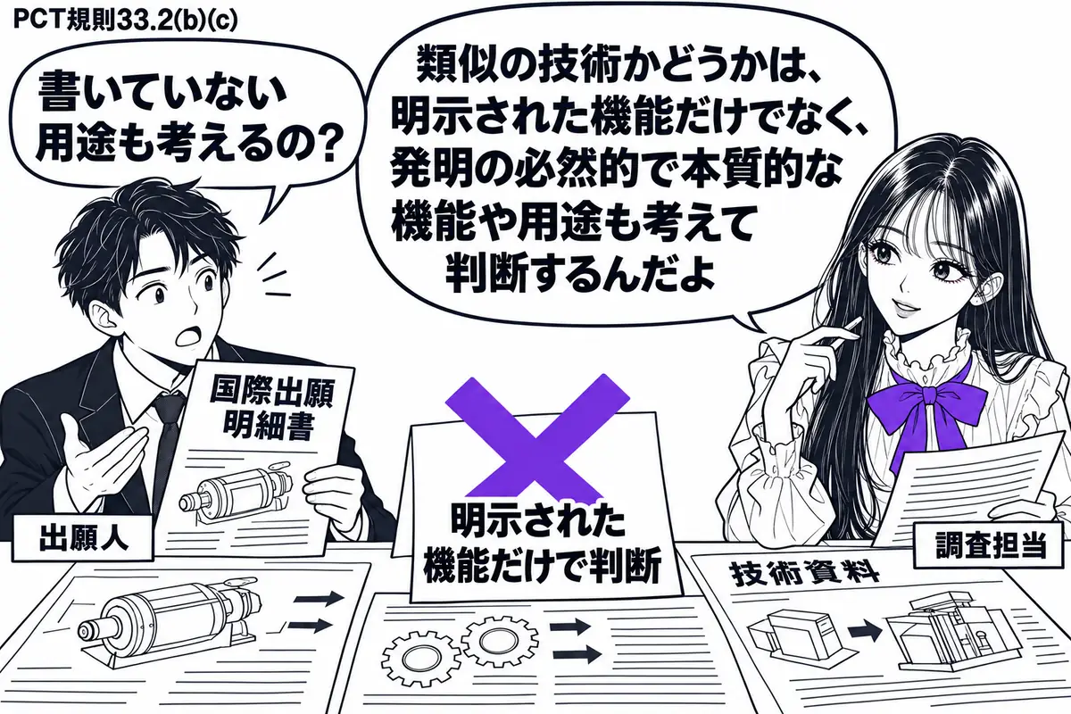 先生が国際調査の担当役（札「調査担当」）で右に座る。左の男性（札「出願人」）が国際出願の明細書を示す。机に発明の機能や用途を描いた技術資料を広げ、「明示された機能だけで判断」の付箋にヴァイオレットの×印。先生は明細書と資料を見比べる。先生の