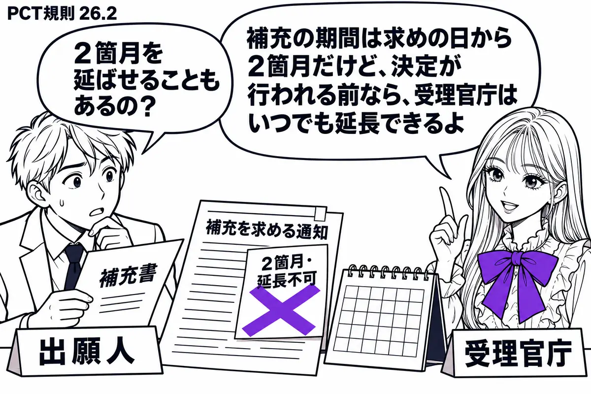 先生が受理官庁の窓口役（札「受理官庁」）で右に立つ。左の出願人（札「出願人」）が「補充書」を持ち、机の上の補充を求める通知とカレンダーを見比べている。通知に貼った「２箇月・延長不可」の付箋に大きなヴァイオレットの×印。先生の吹き出し「補充の