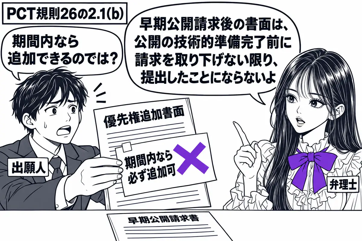 先生が弁理士役（札「弁理士」）で右に立つ。左の出願人（札「出願人」）が「優先権追加書面」を差し出し、机には先に出した「早期公開請求書」。追加書面の「期間内なら必ず追加可」の付箋にヴァイオレットの×印。先生の吹き出し「早期公開請求後の書面は、