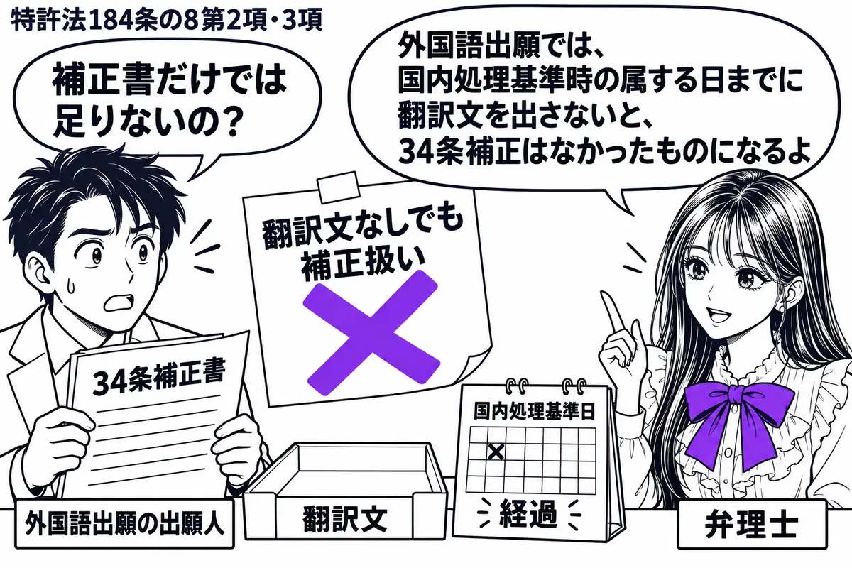 先生が右で弁理士役（札「弁理士」）。左の男性（札「外国語出願の出願人」）が「34条補正書」を持ち、机の翻訳文用のトレーは空。横に国内処理基準日を過ぎたカレンダー。「翻訳文なしでも補正扱い」の付箋にヴァイオレットの×印。先生の吹き出し「外国語