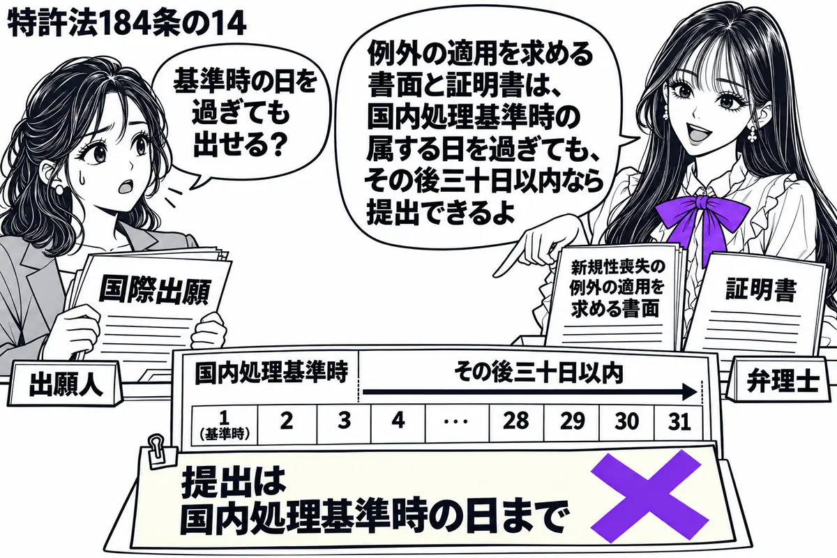 先生が右の机に立つ弁理士役(札「弁理士」)。左に国際出願の書類を抱えた女性(札「出願人」)。机には新規性喪失の例外の適用を求める書面と証明書。添えた「提出は国内処理基準時の日まで」の付箋にヴァイオレットの×印を付け、先生が翌日以降も続く暦を