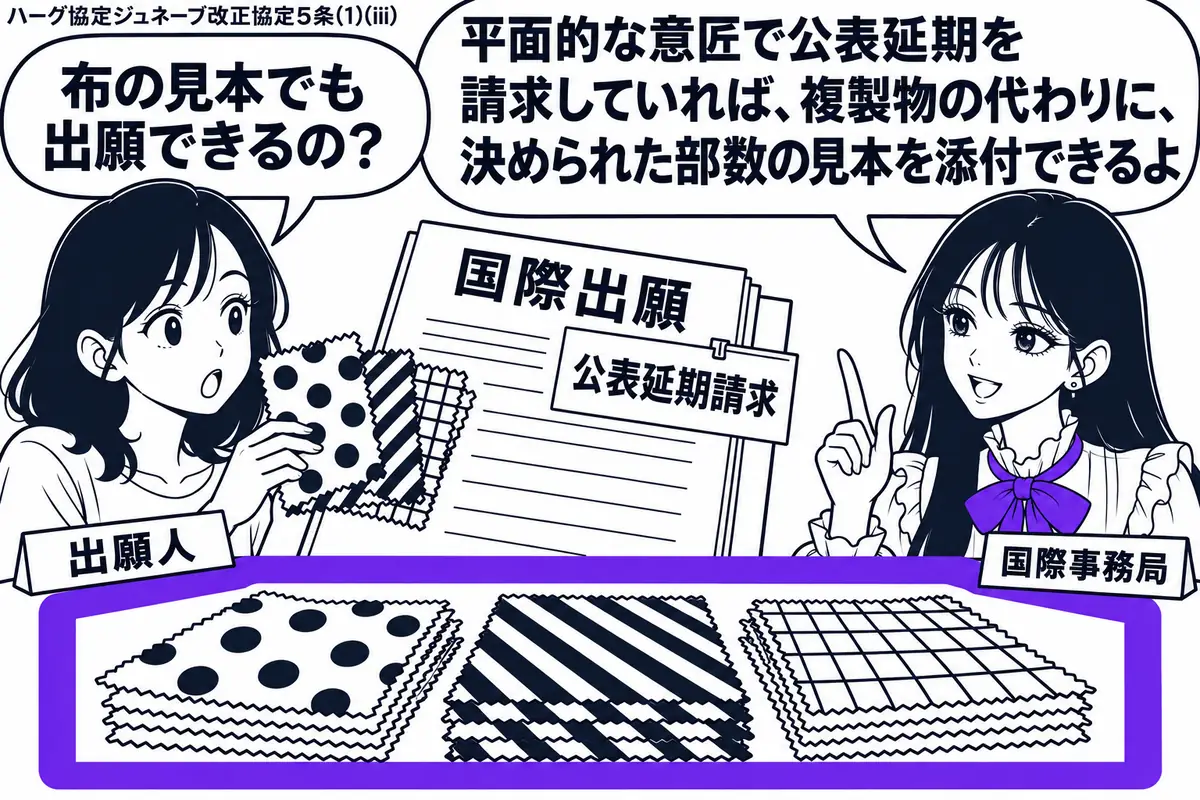 先生が右の受付で国際事務局役（札「国際事務局」）。左の女性（札「出願人」）が平面的な模様の布見本を重ね、「国際出願」の書類に添える。書類には「公表延期請求」の付箋。所定の部数をそろえた見本一式をヴァイオレットの枠で囲む。先生の吹き出し「平面