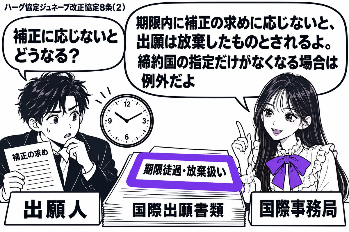 先生が右の机で国際事務局役（札「国際事務局」）。左の男性（札「出願人」）が未回答の「補正の求め」を持ち、横の時計を見つめる。机に置いた国際出願書類の「期限徒過・放棄扱い」の付箋をヴァイオレットの枠で囲む。先生の吹き出し「期限内に補正の求めに