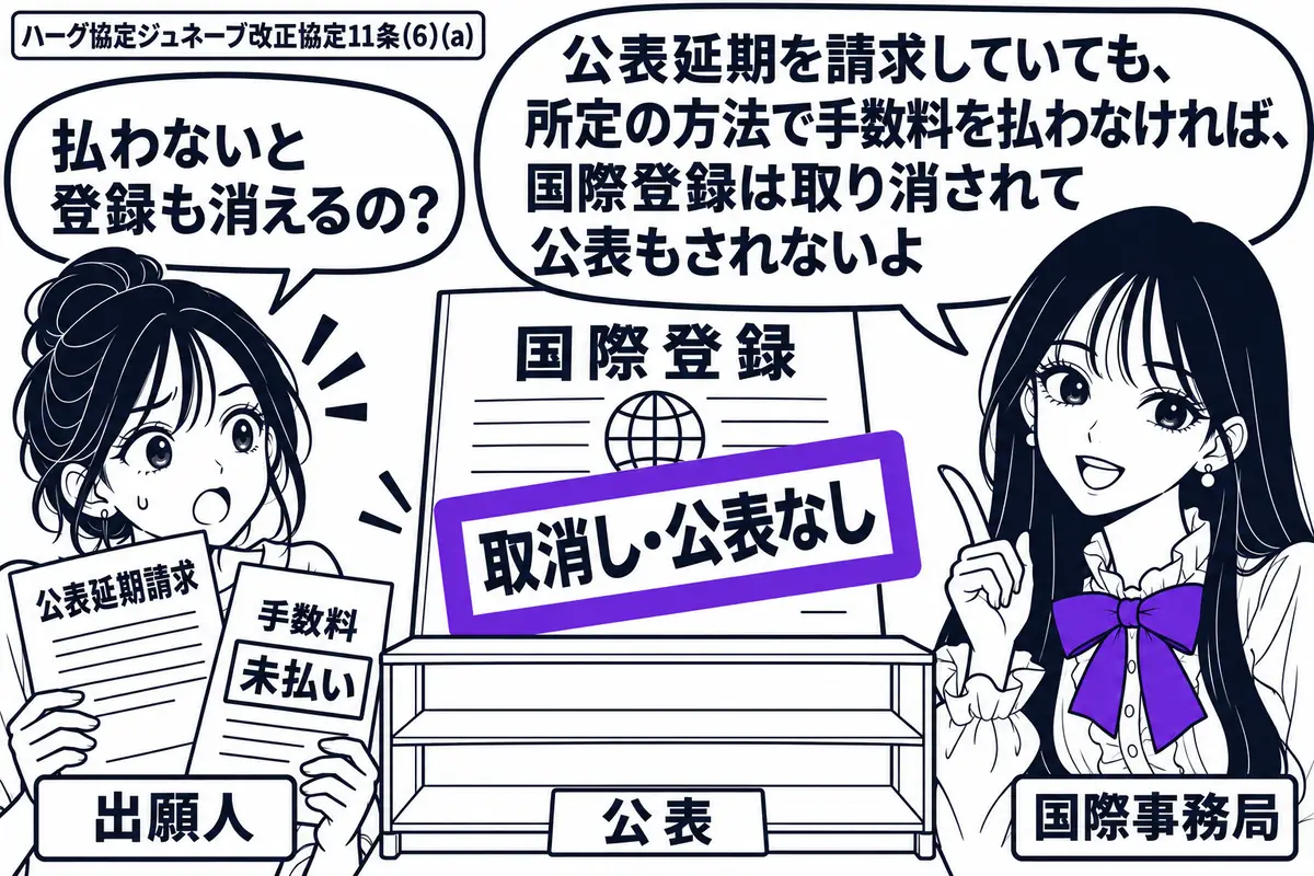 先生が右で国際事務局役（札「国際事務局」）。左の女性（札「出願人」）が「公表延期請求」の書類と未払いの手数料用紙を持つ。中央の国際登録の書類に付いた「取消し・公表なし」の札をヴァイオレットの枠で囲み、公表用の棚は空にする。先生の吹き出し「公
