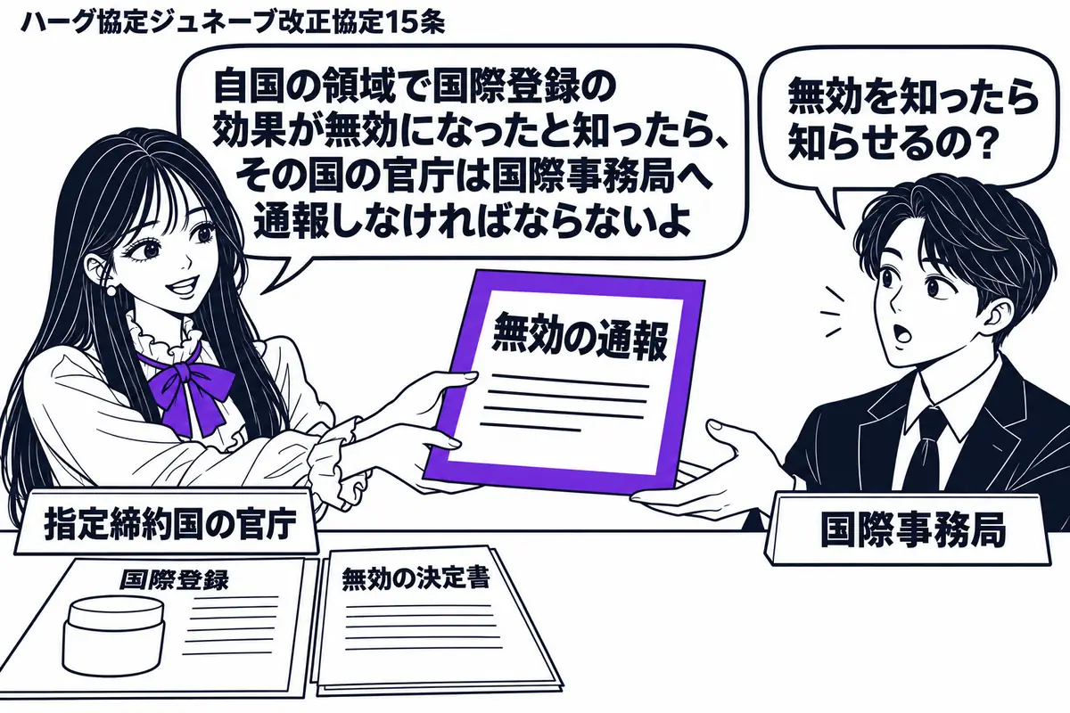 先生が左の机に座る官庁役（札「指定締約国の官庁」）。机には意匠図面を添えた国際登録の資料と無効の決定書。右に通報書を受け取る男性（札「国際事務局」）。先生が差し出す「無効の通報」の書類をヴァイオレットの枠で囲み、国内で知った無効を知らせる場