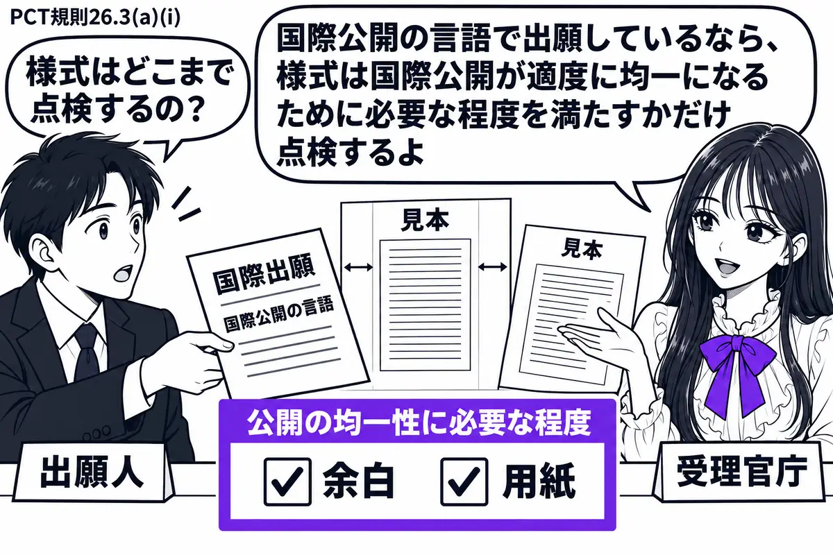 先生が受理官庁の担当役（札「受理官庁」）で右の窓口に座る。左に男性（札「出願人」）が国際公開の言語で書かれた国際出願を差し出す。机には余白や用紙を確認する見本を置き、「公開の均一性に必要な程度」の点検票をヴァイオレットの枠で囲む。先生の吹き