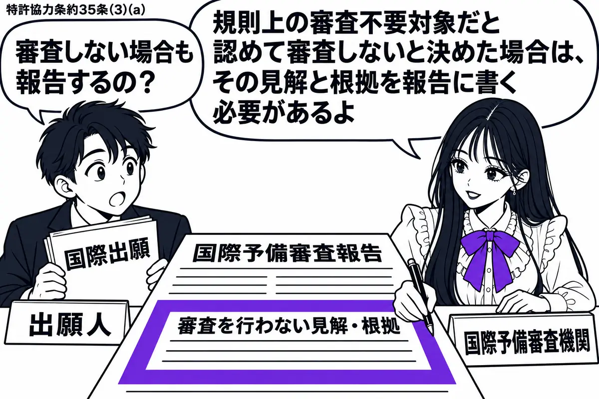 先生が国際予備審査機関の担当役(札「国際予備審査機関」)で右の机に座る。左に国際出願の書類を抱えた男性(札「出願人」)。机の「国際予備審査報告」の「審査を行わない見解・根拠」欄をヴァイオレットの枠で囲み、先生が記入している。先生の吹き出し「