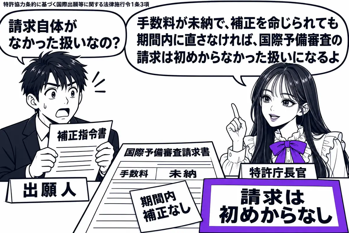 先生が右の窓口にいる特許庁役（札「特許庁長官」）。左に補正指令書を持つ男性（札「出願人」）。机の国際予備審査請求書には未納の手数料欄と「期間内補正なし」の付箋。その横の「請求は初めからなし」の札をヴァイオレットの枠で囲む。先生の吹き出し「手
