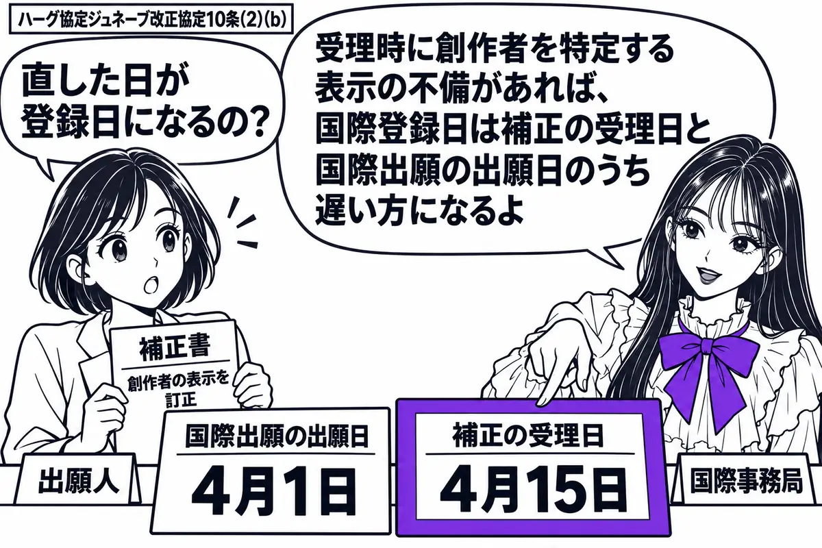 先生が右の窓口にいる国際事務局役（札「国際事務局」）。左に女性（札「出願人」）が創作者の表示を直した補正書を持つ。机に出願日と補正受理日を記した日付札を置き、遅い方をヴァイオレットの枠で囲む。先生の吹き出し「受理時に創作者を特定する表示の不