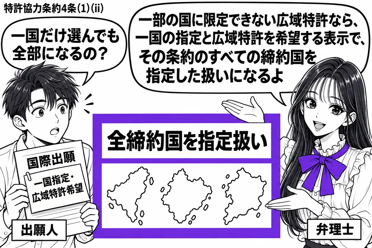 先生が弁理士役(札「弁理士」)で右に立つ。左に国際出願の願書を持つ男性(札「出願人」)。願書には「一国指定・広域特許希望」の付箋。中央に広域条約の締約国を示す三つの島の略図を描き、「全締約国を指定扱い」の札ごとヴァイオレットの枠で囲む。先生