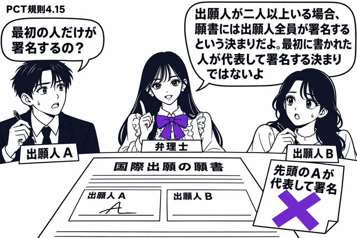 先生が弁理士役（札「弁理士」）で中央の机の奥に立つ。左右にペンを持った男女（札「出願人Ａ」「出願人Ｂ」）。机の国際出願の願書には二人分の署名欄があり、Ａだけが書き終えている。「先頭のＡが代表して署名」の付箋にヴァイオレットの×印。先生の吹き