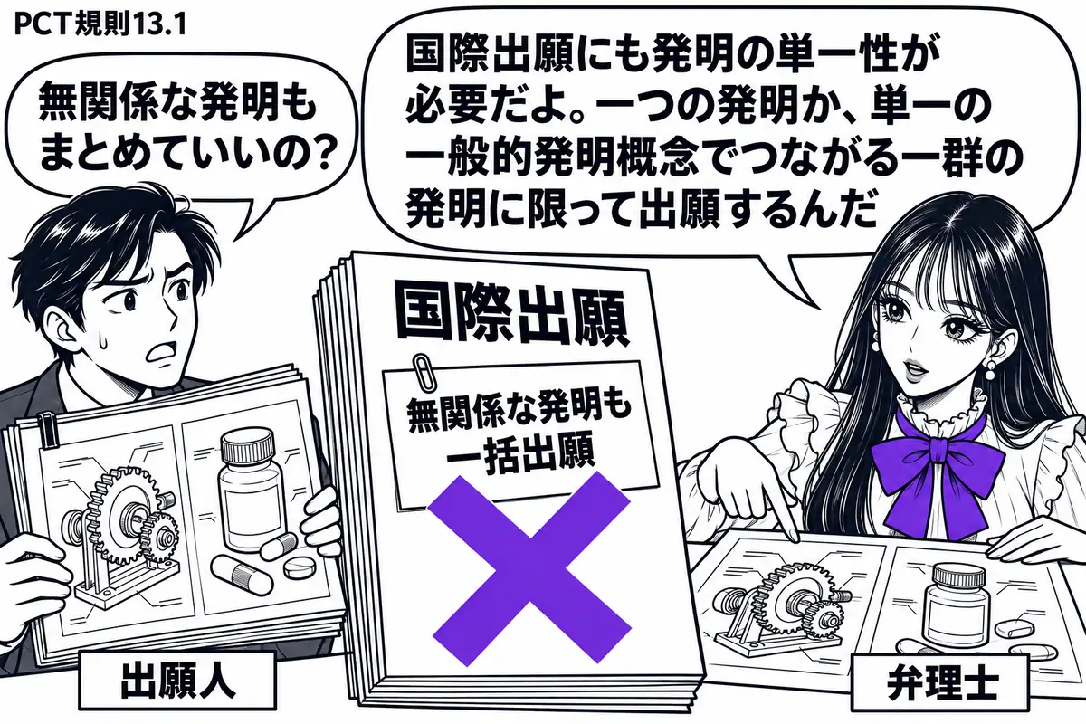 先生が右の相談机にいる弁理士役(札「弁理士」)。左に関連のない歯車装置と薬剤の図面を一冊にまとめる男性(札「出願人」)。国際出願の書類に付いた「無関係な発明も一括出願」の付箋にヴァイオレットの×印。先生は二つの図面を広げて関連の有無を確かめ