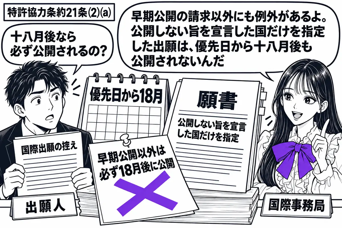 先生が右の受付にいる国際事務局役(札「国際事務局」)。左に国際出願の控えを持つ男性(札「出願人」)。机に「優先日から18月」の暦と、公開しない旨を宣言した国だけを指定した願書を置く。「早期公開以外は必ず18月後に公開」の付箋にヴァイオレット