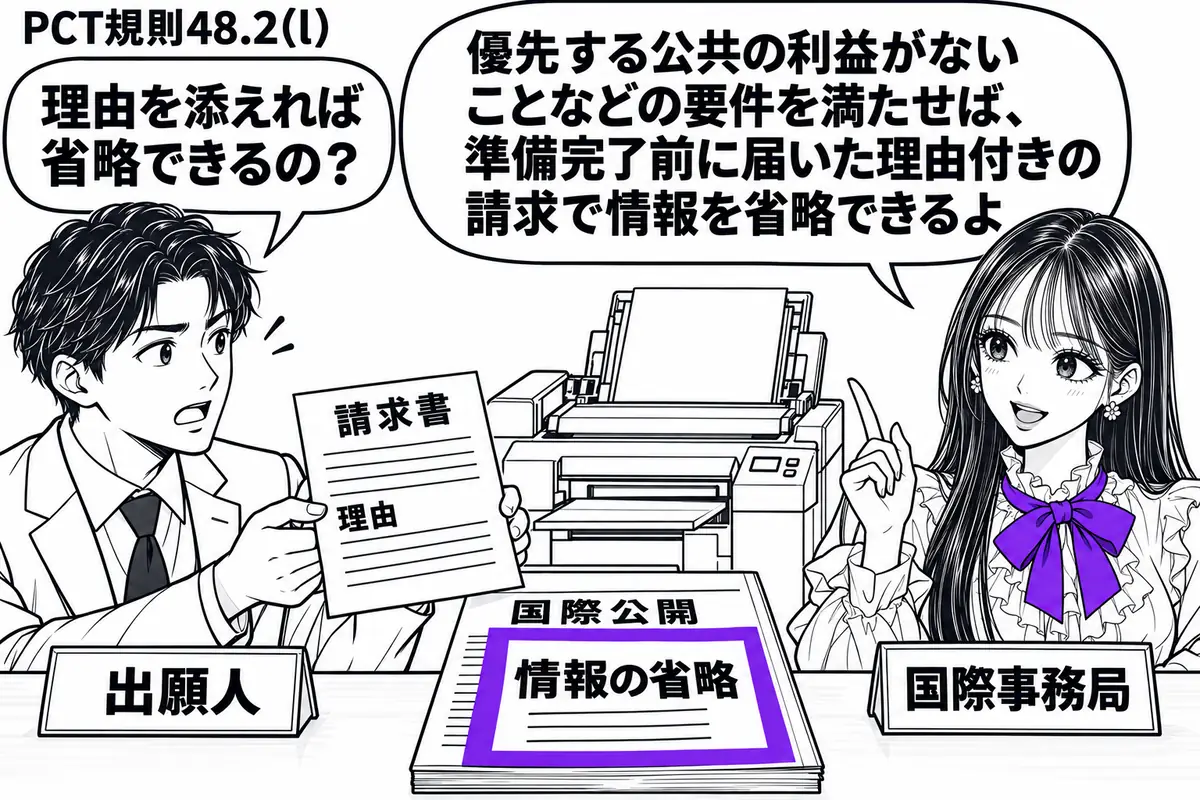 先生が右の受付役（札「国際事務局」）。左の男性（札「出願人」）が理由を添えた請求書を差し出す。机には国際公開の原稿があり、一部を覆う付箋「情報の省略」をヴァイオレットの枠で囲む。奥には準備途中の印刷機。先生の吹き出し「優先する公共の利益がな