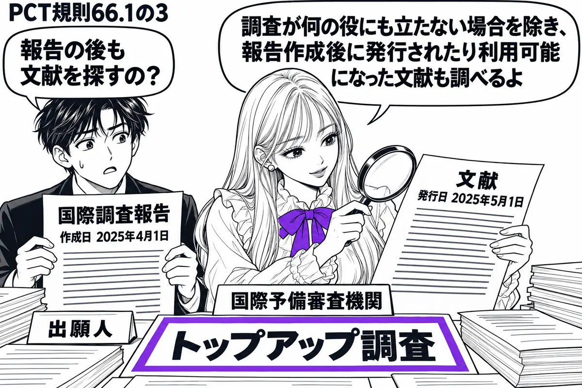 先生が中央の調査机に座る役（札「国際予備審査機関」）。左の男性（札「出願人」）が国際調査報告を持ち、先生はその作成日より後の日付の文献を虫眼鏡で調べる。机の付箋「トップアップ調査」をヴァイオレットの枠で囲む。先生の吹き出し「調査が何の役にも