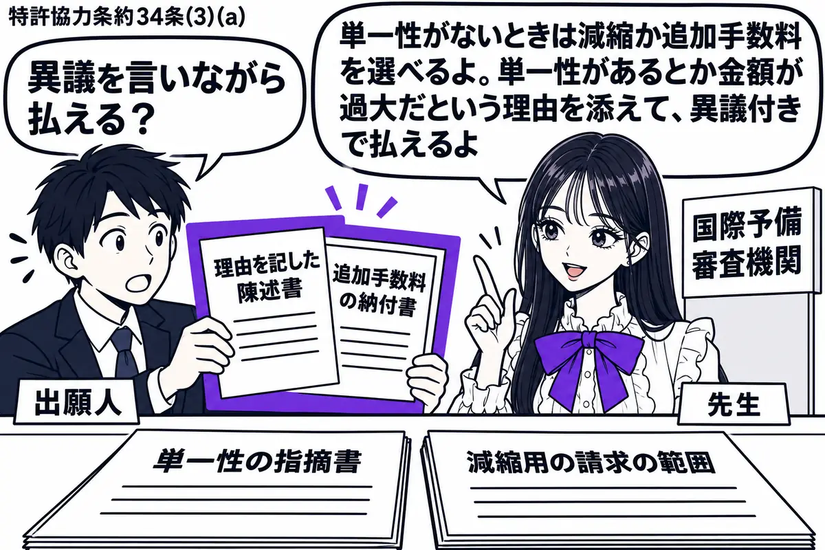 先生が右の窓口に立つ(札「国際予備審査機関」)。机に単一性の指摘書と、減縮用の請求の範囲を置く。左の出願人(札「出願人」)は理由を記した陳述書と追加手数料の納付書を重ねて差し出す。二枚を一つのヴァイオレットの枠で囲む。先生の吹き出し「単一性