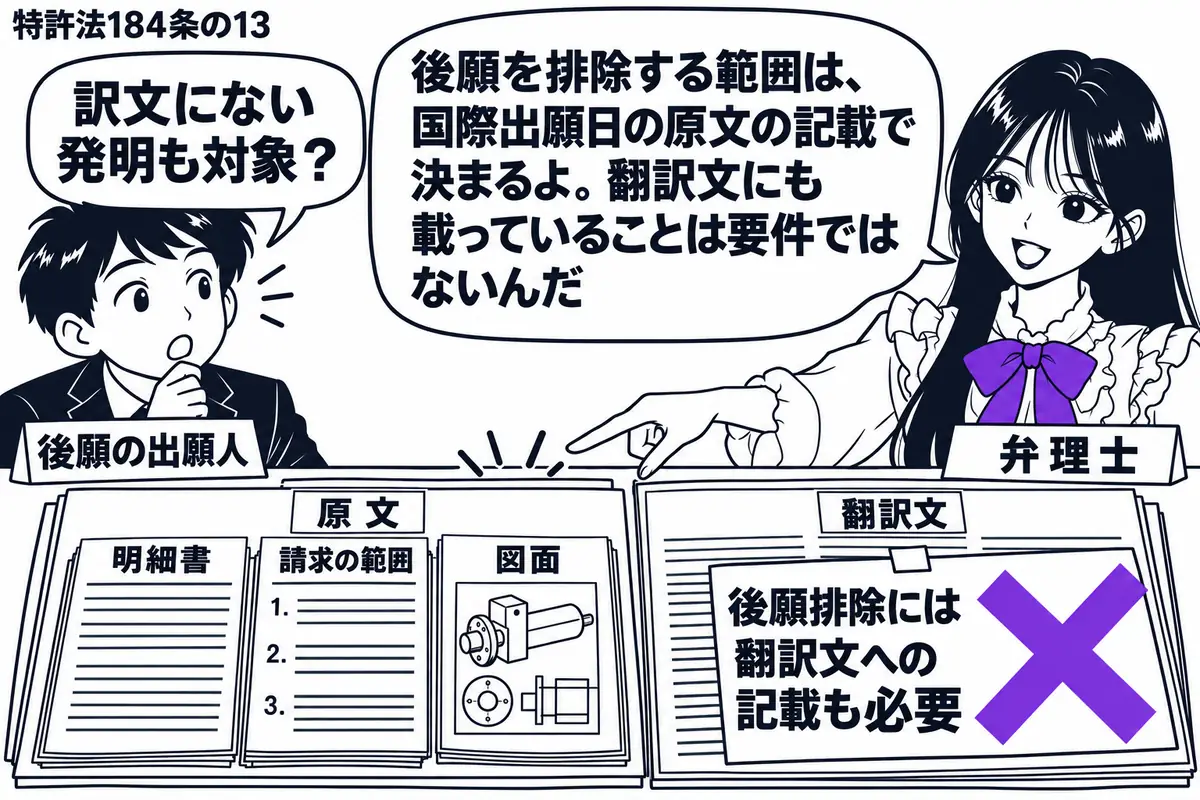 先生が右の相談机に立つ（札「弁理士」）。左の出願人（札「後願の出願人」）の前に、国際公開された外国語特許出願の原文と翻訳文を並べる。翻訳文に貼った「後願排除には翻訳文への記載も必要」の付箋にヴァイオレットの×印。先生は原文の明細書、請求の範