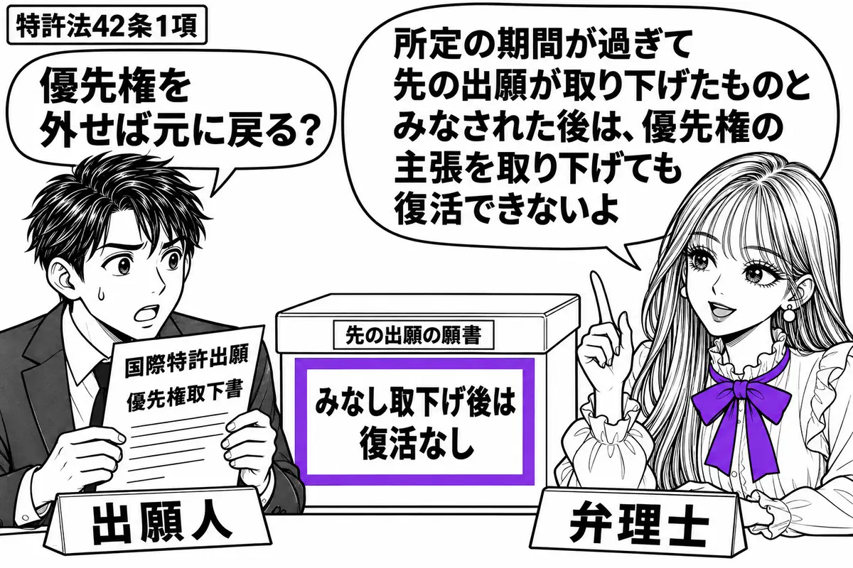 先生が右の相談机に座る役(札「弁理士」)。左の男性(札「出願人」)が国際特許出願の優先権取下書を持つ。机の奥には先の出願の願書を収めた閉じた箱。箱の付箋「みなし取下げ後は復活なし」をヴァイオレットの枠で囲む。先生の吹き出し「所定の期間が過ぎ