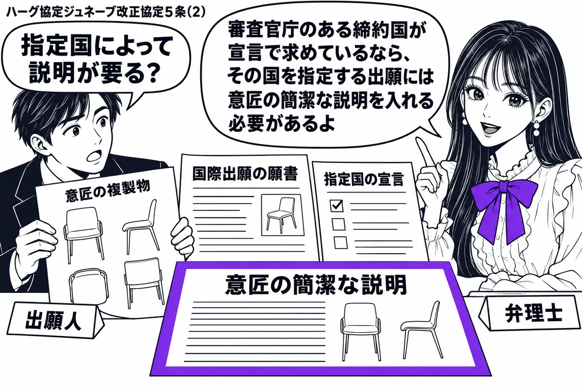 先生が右の相談机に立つ（札「弁理士」）。左の出願人（札「出願人」）が椅子の意匠の複製物と国際出願の願書を広げる。指定国の宣言の書類を脇に置き、願書に添える「意匠の簡潔な説明」の紙をヴァイオレットの枠で囲む。先生の吹き出し「審査官庁のある締約
